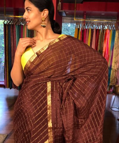 Dark Brown Chequered Chiffon Saree