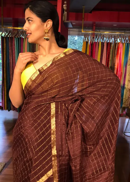 Dark Brown Chequered Chiffon Saree