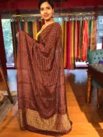 Dark Brown Chequered Chiffon Saree - Image 3