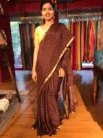 Dark Brown Chequered Chiffon Saree - Image 4