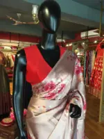 Peach Satin Saree with Printed Florals - Image 2