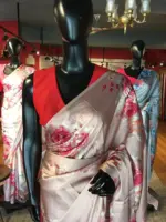 Peach Satin Saree with Printed Florals