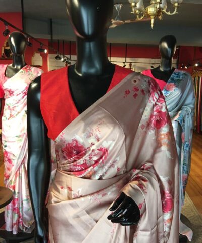 Peach Satin Saree with Printed Florals