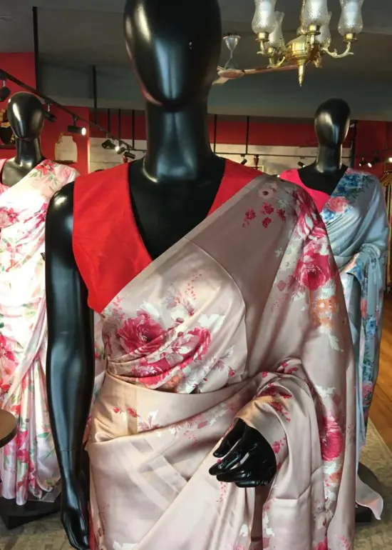 Peach Satin Saree with Printed Florals
