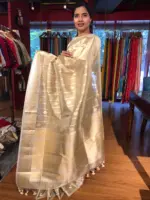 Gold Silver Tissue Silk Saree highlighted with Zari Buttis - Image 2