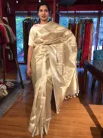 Gold Silver Tissue Silk Saree highlighted with Zari Buttis - Image 4