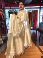 Gold Silver Tissue Silk Saree with Zari Buttis - Image 2