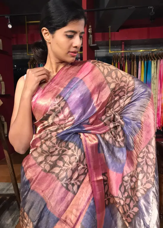 Multicolored Printed Tissue Silk Saree with Zari Border