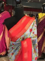 Blue Printed Banarasi Silk Saree highlighted with contrast border