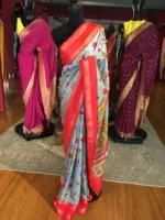 Blue Printed Banarasi Silk Saree highlighted with contrast border - Image 5