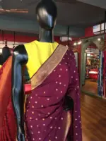 Wine Crepe Silk Saree with Beautiful Gold Zari Buttas highlighted with Gold Woven Border - Image 2
