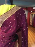 Wine Crepe Silk Saree with Beautiful Gold Zari Buttas highlighted with Gold Woven Border - Image 3