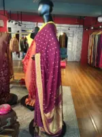 Wine Crepe Silk Saree with Beautiful Gold Zari Buttas highlighted with Gold Woven Border - Image 5
