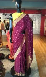 Wine Crepe Silk Saree with Beautiful Gold Zari Buttas highlighted with Gold Woven Border - Image 4