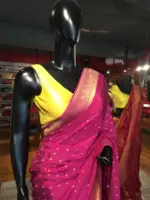Pink Crepe Silk Saree with Beautiful Gold Zari Buttas highlighted with Gold Woven Border - Image 2
