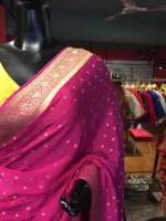 Pink Crepe Silk Saree with Beautiful Gold Zari Buttas highlighted with Gold Woven Border - Image 3