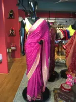 Pink Crepe Silk Saree with Beautiful Gold Zari Buttas highlighted with Gold Woven Border - Image 4