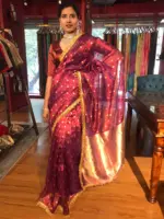 Maroon Dual Tissue Silk Saree highlighted with Zari Motifs and Gota Border - Image 2