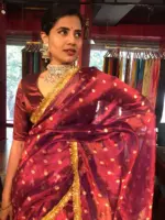Maroon Dual Tissue Silk Saree highlighted with Zari Motifs and Gota Border - Image 4