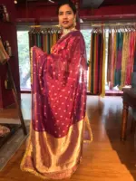 Maroon Dual Tissue Silk Saree highlighted with Zari Motifs and Gota Border - Image 3