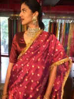 Maroon Dual Tissue Silk Saree highlighted with Zari Motifs and Gota Border - Image 5