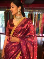Maroon Dual Tissue Silk Saree highlighted with Zari Motifs and Gota Border - Image 6