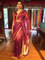 Maroon Dual Tissue Silk Saree highlighted with Zari Motifs and Gota Border - Image 7