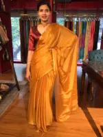 Mustard Yellow Chiffon Silk Saree with Gold Zari Piping - Image 2
