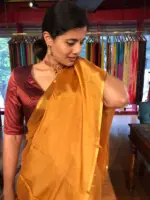 Mustard Yellow Chiffon Silk Saree with Gold Zari Piping - Image 3