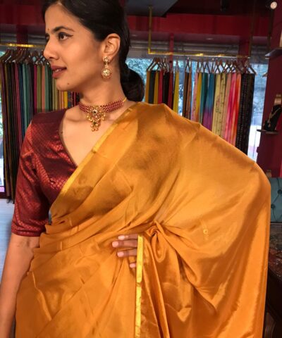 Mustard Yellow Chiffon Silk Saree with Gold Zari Piping
