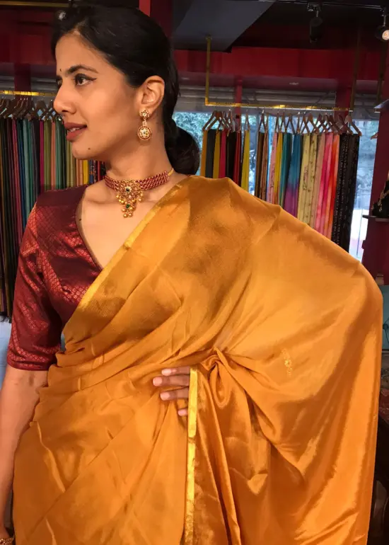 Mustard Yellow Chiffon Silk Saree with Gold Zari Piping
