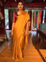 Mustard Yellow Chiffon Silk Saree with Gold Zari Piping - Image 5