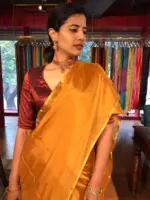 Mustard Yellow Chiffon Silk Saree with Gold Zari Piping - Image 4
