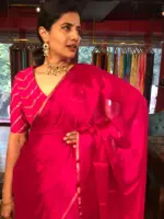 Rani Pink Chiffon Silk Saree with Gold Zari Piping