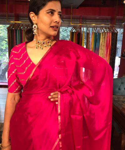 Rani Pink Chiffon Silk Saree with Gold Zari Piping