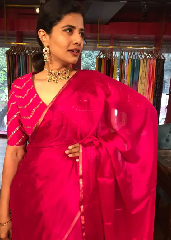 Rani Pink Chiffon Silk Saree with Gold Zari Piping