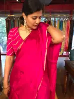 Rani Pink Chiffon Silk Saree with Gold Zari Piping - Image 3