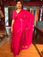 Rani Pink Chiffon Silk Saree with Gold Zari Piping - Image 2