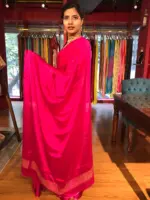 Rani Pink Chiffon Silk Saree with Gold Zari Piping - Image 4