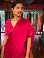 Rani Pink Chiffon Silk Saree with Gold Zari Piping - Image 5