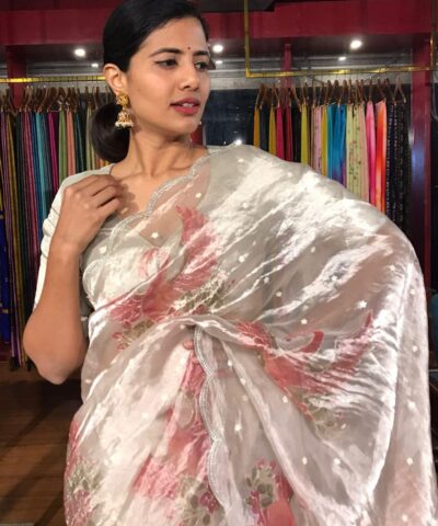 Silver Hand Embroidered and Hand painted Tissue Silk Saree highlighted with Scalloped Border