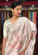 Silver Hand Embroidered and Hand painted Tissue Silk Saree highlighted with Scalloped Border - Image 3