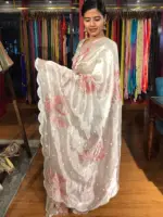 Silver Hand Embroidered and Hand painted Tissue Silk Saree highlighted with Scalloped Border - Image 4
