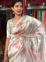Silver Hand Embroidered and Hand painted Tissue Silk Saree highlighted with Scalloped Border - Image 5