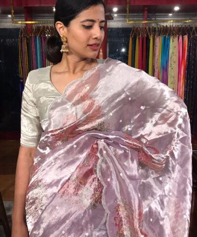 Lilac Hand Embroidered and Hand painted Tissue Silk Saree highlighted with Scalloped Border