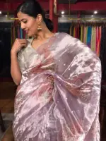 Lilac Hand Embroidered and Hand painted Tissue Silk Saree highlighted with Scalloped Border - Image 3
