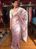 Lilac Hand Embroidered and Hand painted Tissue Silk Saree highlighted with Scalloped Border - Image 4