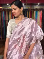 Lilac Hand Embroidered and Hand painted Tissue Silk Saree highlighted with Scalloped Border - Image 5