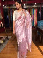 Lilac Hand Embroidered and Hand painted Tissue Silk Saree highlighted with Scalloped Border - Image 6