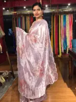 Lilac Hand Embroidered and Hand painted Tissue Silk Saree highlighted with Scalloped Border - Image 2